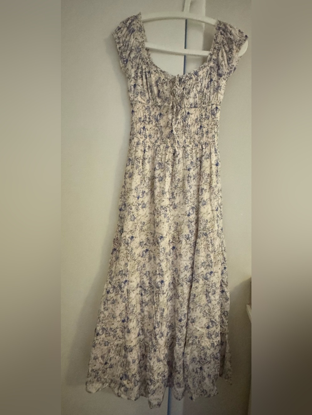 Floral Smocked Waist Maxi Skirt - Cream with Blue Floral